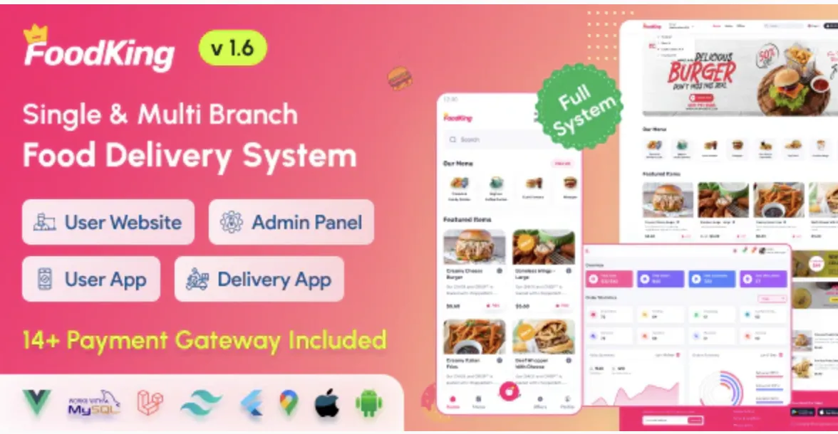 Install FoodKing - Restaurant Food Delivery System with Admin Panel & Delivery Man App